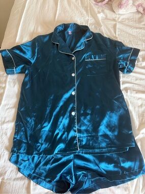 Silk Teal Short Sleeve Pajama Set with White Details